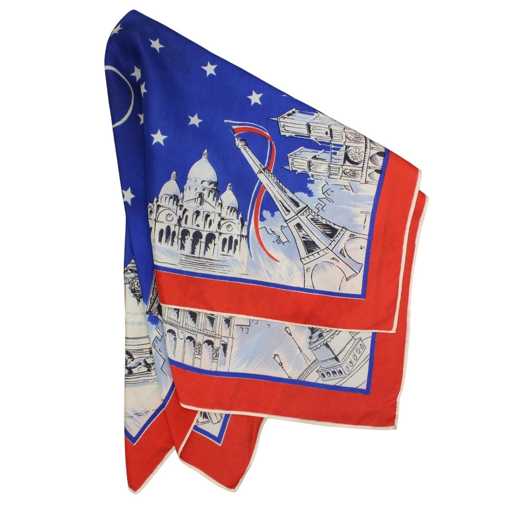 Vintage Paris Attractions Souvenir Square Scarf Blue Size 25 x 30